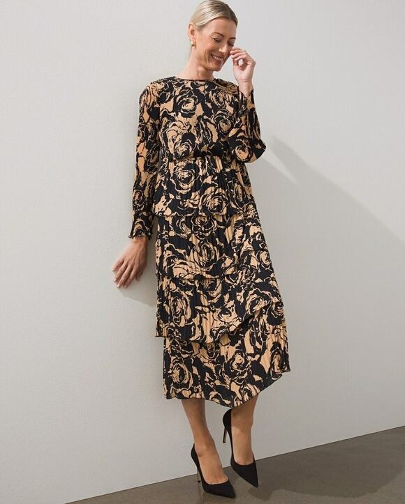 Chico's Dresses & Skirts - NWT Chico’s Black Label Sz4 Black Tan Floral Pleat Tiered Long Sleeve Midi Dress